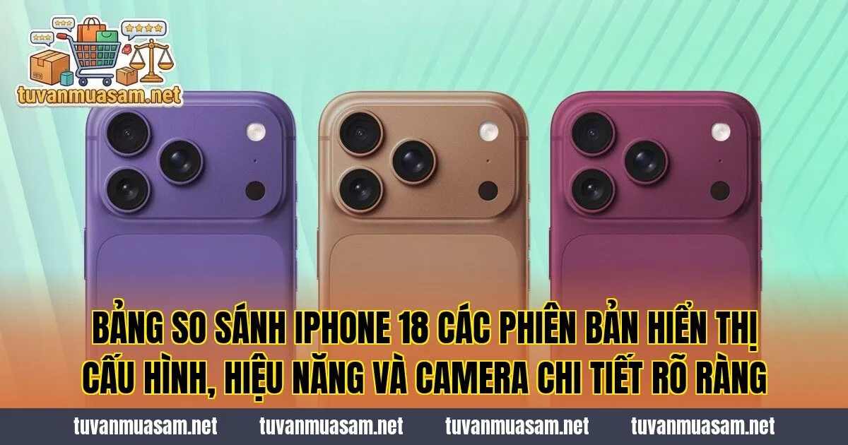 Bảng so sánh iPhone 18 các phiên bản hiển thị cấu hình, hiệu năng và camera chi tiết rõ ràng