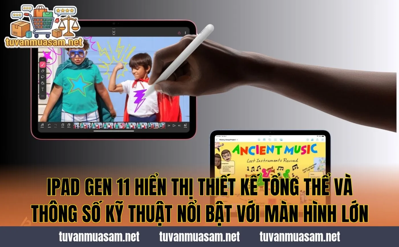 IPad Gen 11 hiển thị thiết kế tổng thể và thông số kỹ thuật nổi bật với màn hình lớn