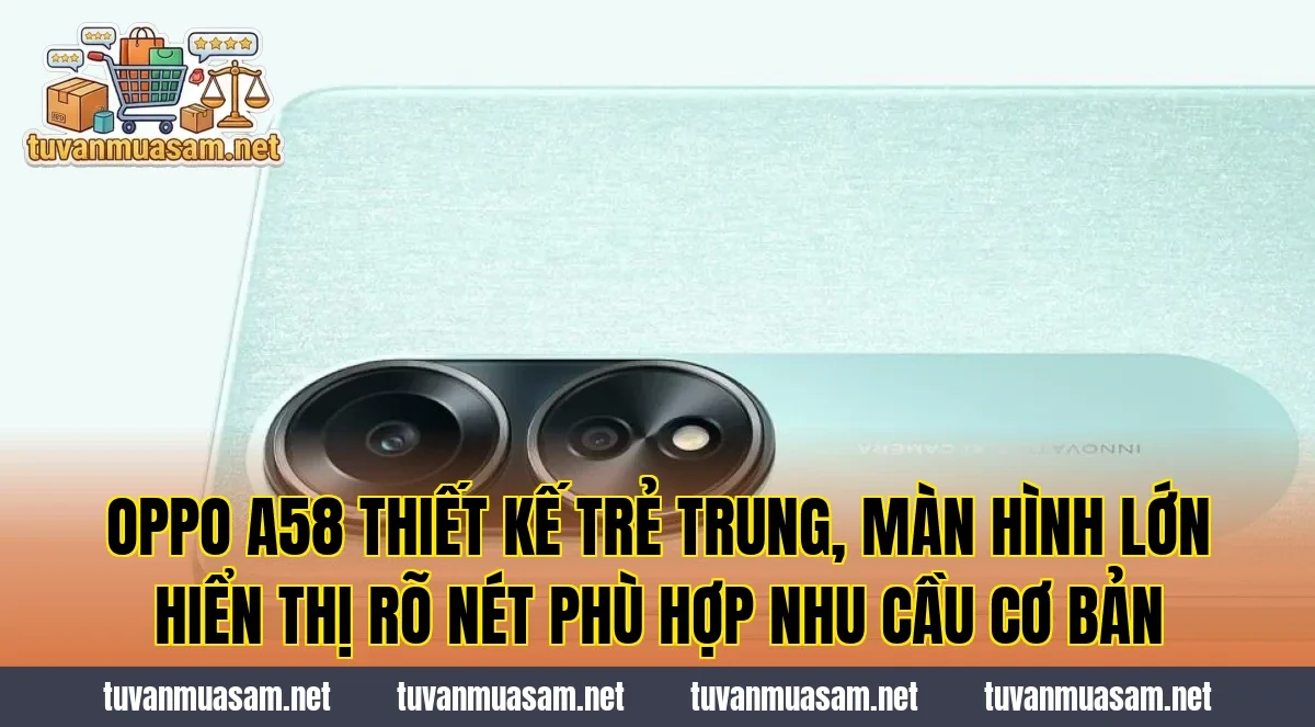 OPPO A58 thiết kế trẻ trung, màn hình lớn hiển thị rõ nét phù hợp nhu cầu cơ bản