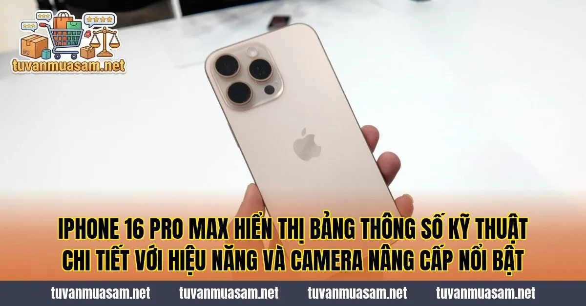 IPhone 16 Pro Max hiển thị bảng thông số kỹ thuật chi tiết với hiệu năng và camera nâng cấp nổi bật