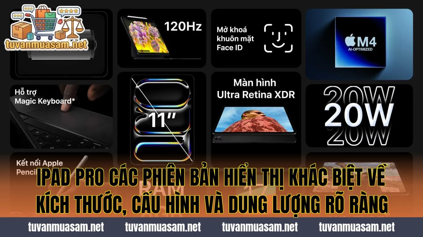 IPad Pro các phiên bản hiển thị khác biệt về kích thước, cấu hình và dung lượng rõ ràng