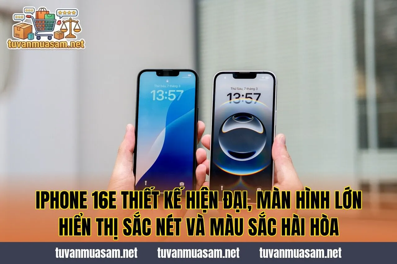 IPhone 16e thiết kế hiện đại, màn hình lớn hiển thị sắc nét và màu sắc hài hòa